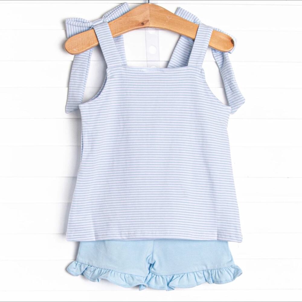 Stitchy Fish Swimming Along Applique Ruffle Short Set, Blue - 6Y - Picture 2 of 3